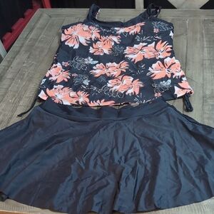 Floral Black 2pc Bathing Suit With Skirt Bottoms